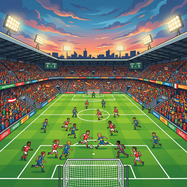 Cartoon illustration of a football stadium with players on the pitch under floodlights