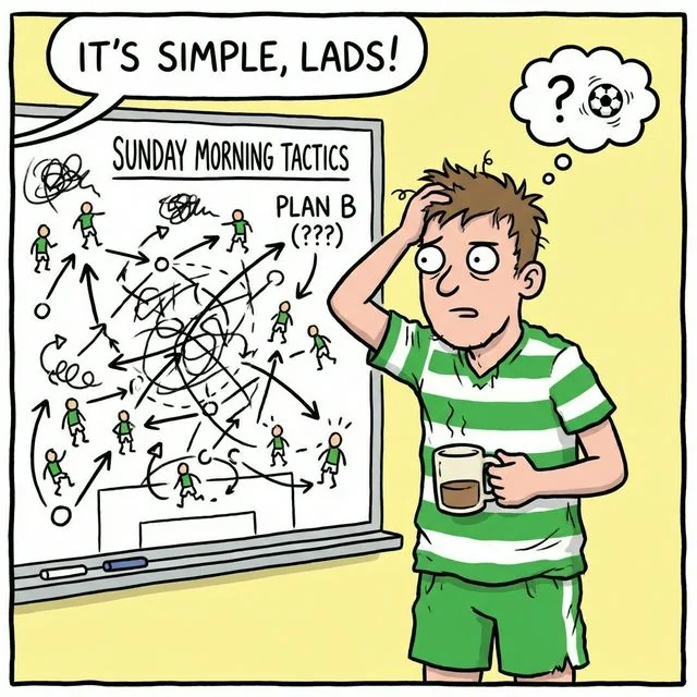A hungover Sunday League player confused by a tactical whiteboard