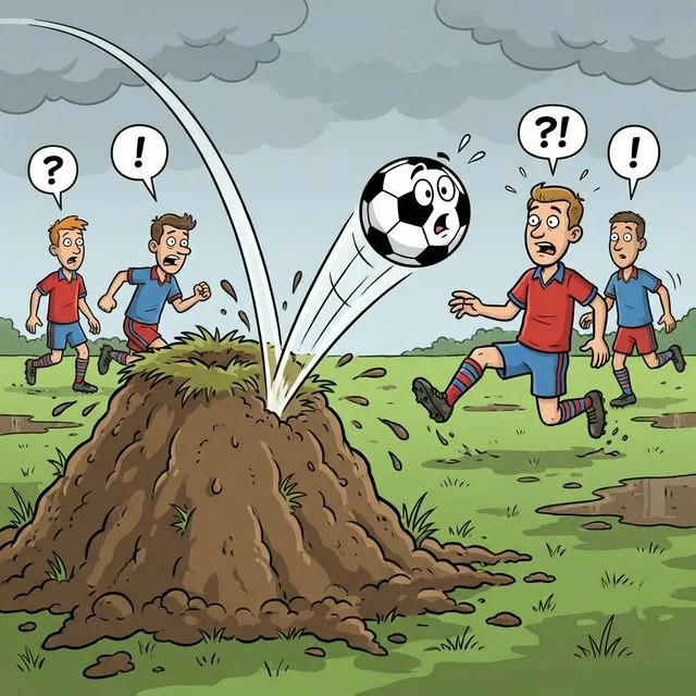 A football bouncing 90 degrees off an oversized mole hill on a muddy pitch